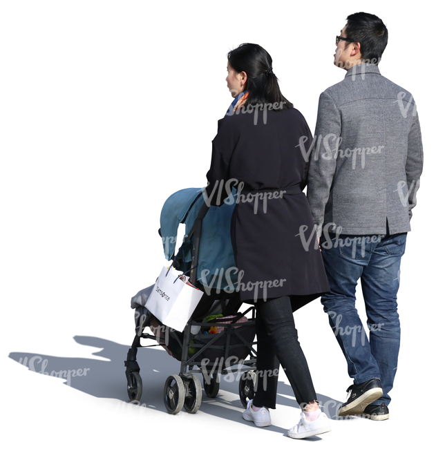 asian couple with a baby stroller walking on a sunny day