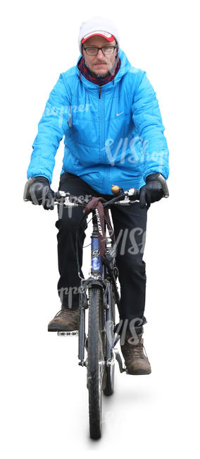 man in a blue jacket riding a bike