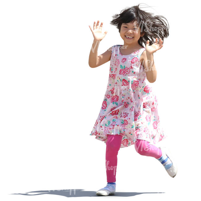 little asian girl in a pink dress running and laughing