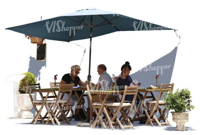 three people sitting in a street cafe