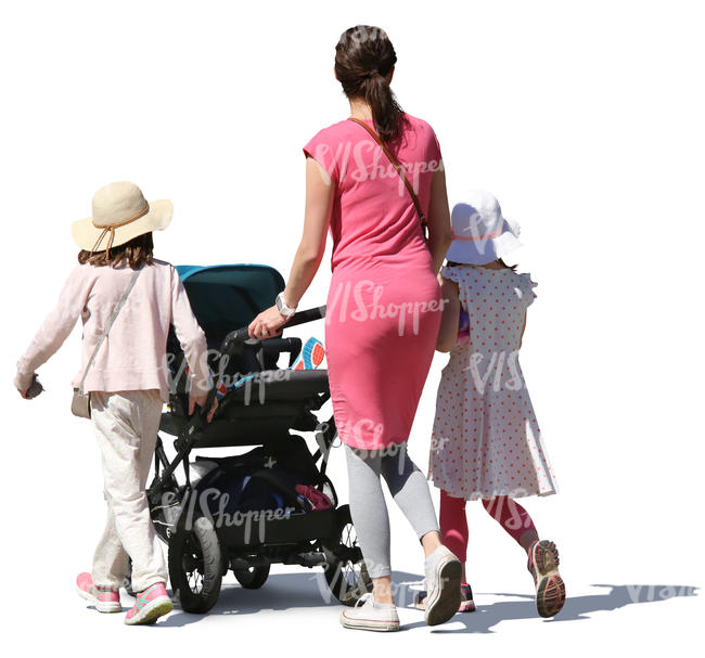 mother with her daughters and baby carriage walking