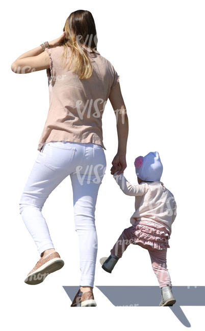 mother and daughter walking up the stairs