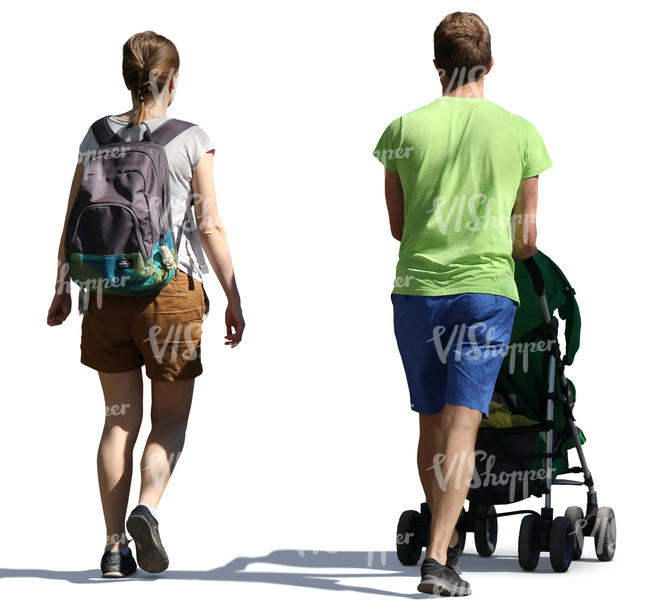 man and woman walking with a baby stroller