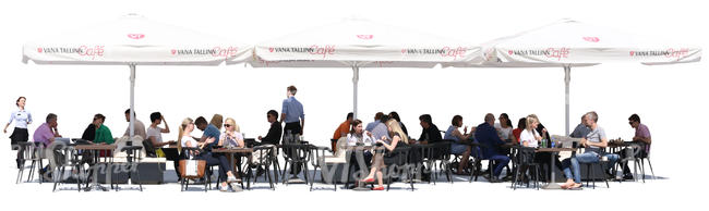 street cafe with many people and two waiters