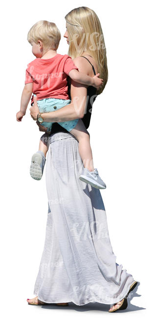 woman walking and carrying her small son