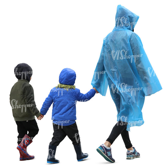 mother and two children walking in rain