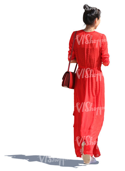 asian woman in a long red dress walking