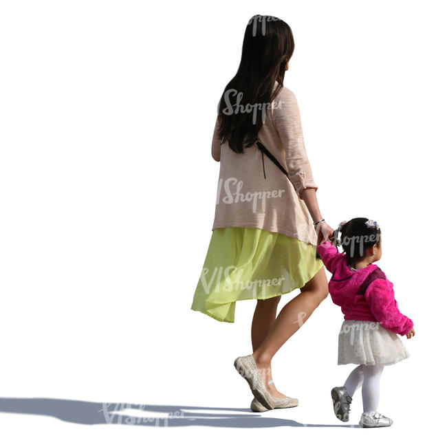asian woman walking hand in hand with her small daughter
