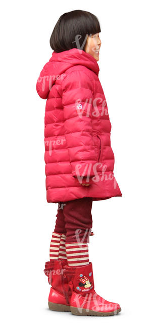 asian girl in a red winter coat standing