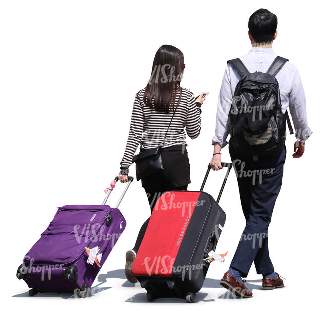 asian man and woman pulling large suitcases
