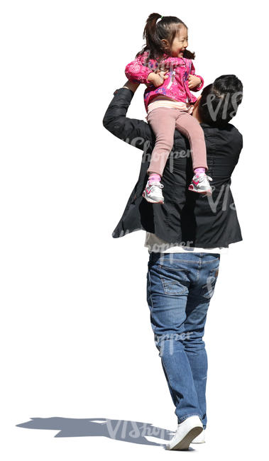 asian man carrying his laughing daughter on his shoulder