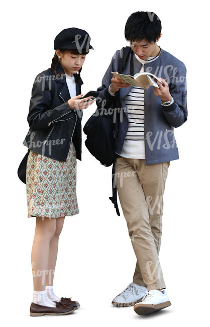 young asian couple standing and checking for directions