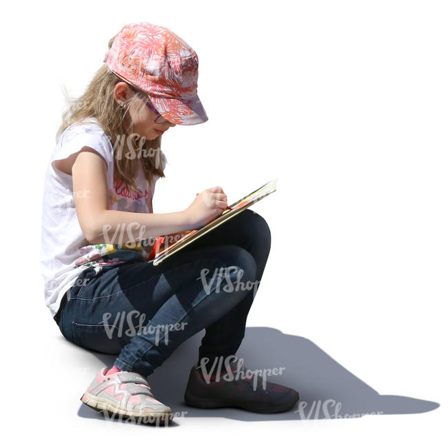 girl with a pink hat sitting and drawing