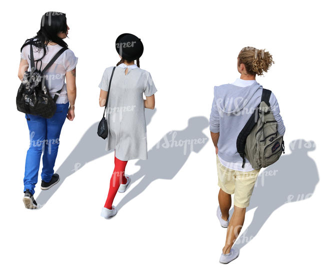 three people walking seen from above