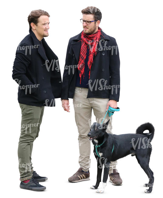 two men and a dog standing and talking