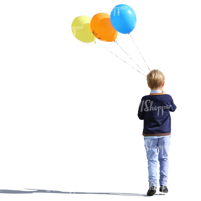 boy with three balloons walking