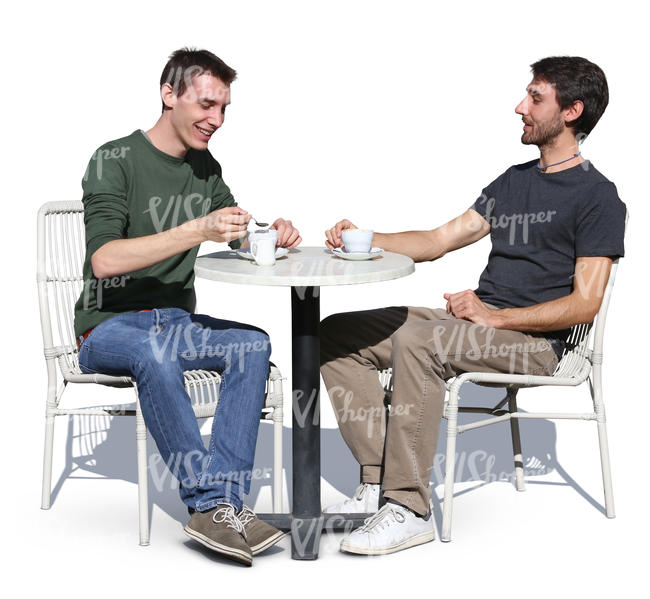 two men sitting in a street cafe and talking