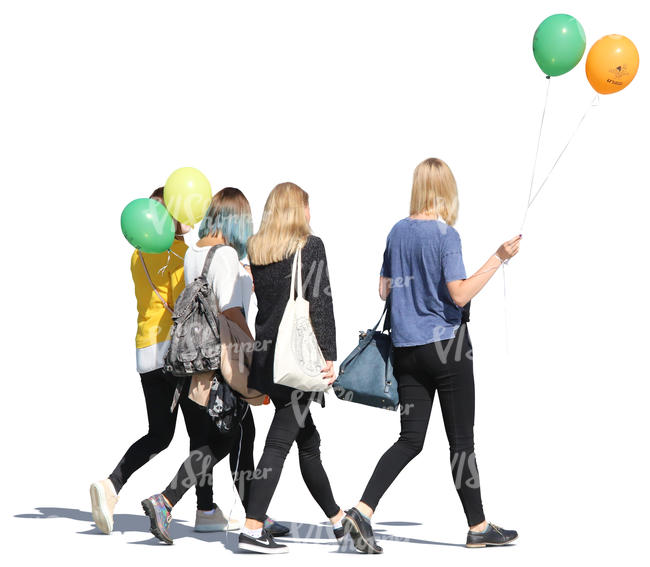 four girls with balloons walking