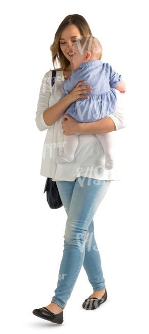 woman walking with her baby in her arms