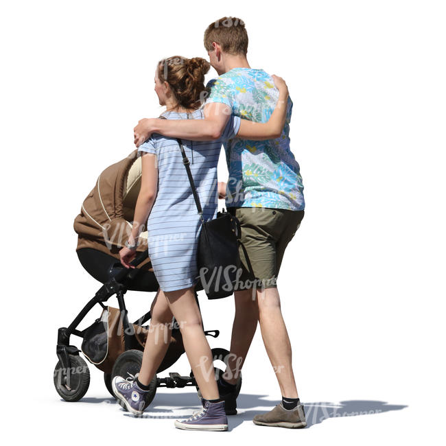 couple walking with a baby carriage
