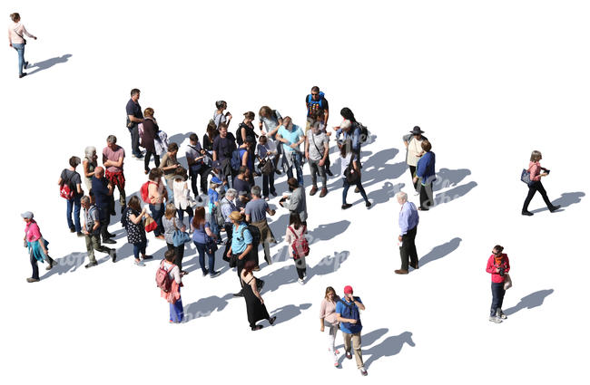 large group of people standing and walking seen from above