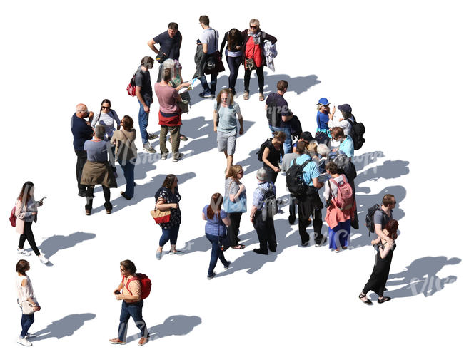 group of people standing and walking seen from above