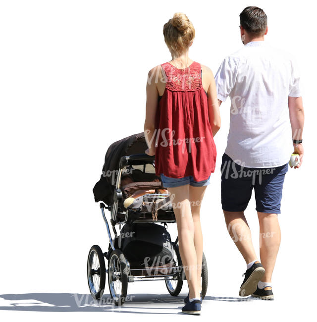 man and woman walking with a baby carriage