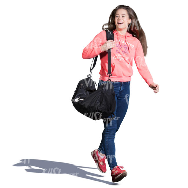 teenage girl with a gym bag walking