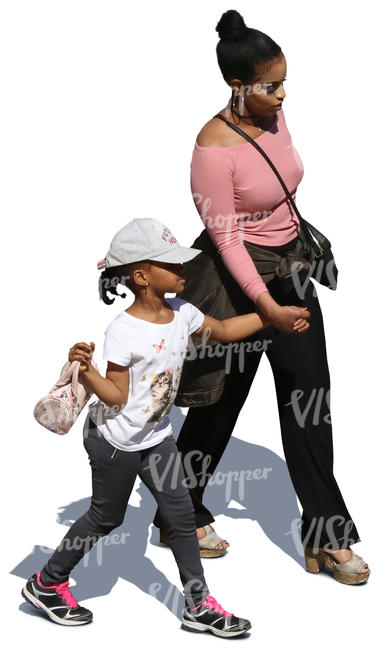 black mother and daughter walking and holding hands seen from above