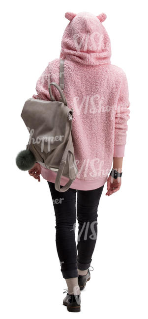 woman in a pink hooded sweater walking