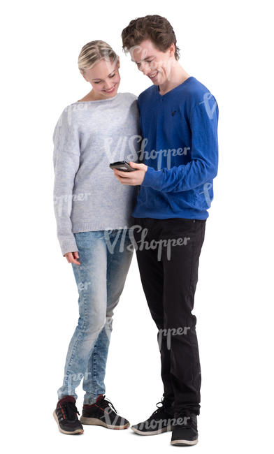 young man and woman standing and looking at a phone
