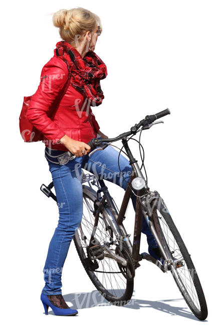 woman with a bicycle standing and looking around