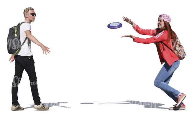 man and woman playing frisbee