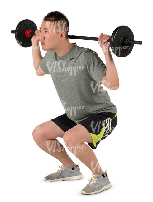 asian man doing squats with a weights