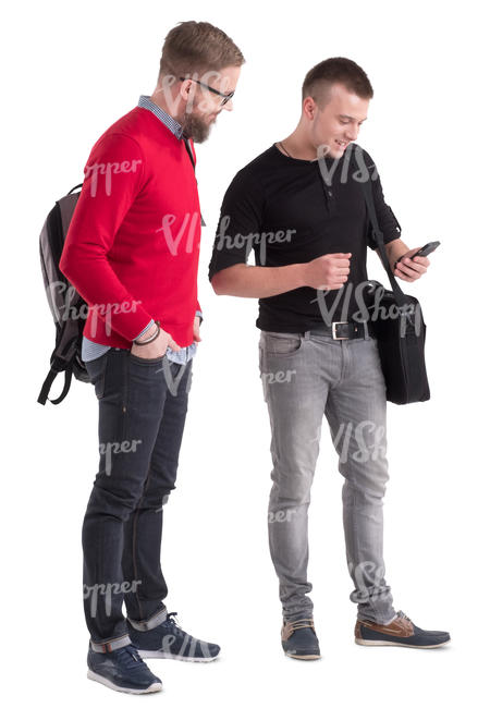 two men standing and looking smth in a phone