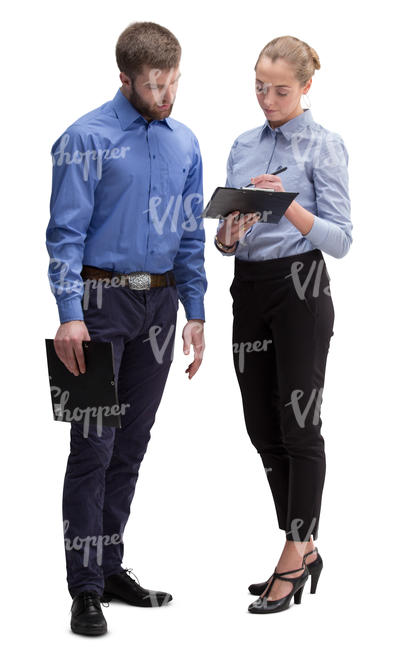 businessman and businesswoman standing and looking at notes