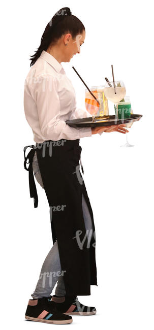 waitress carrying a tray with cocktails