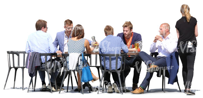 group of guests and a waitress in a street cafe