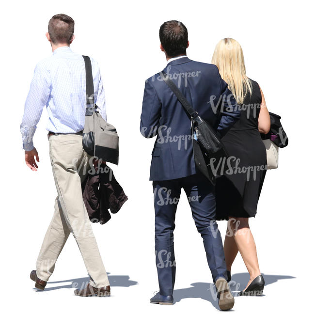 group of businessmen and businesswoman walking