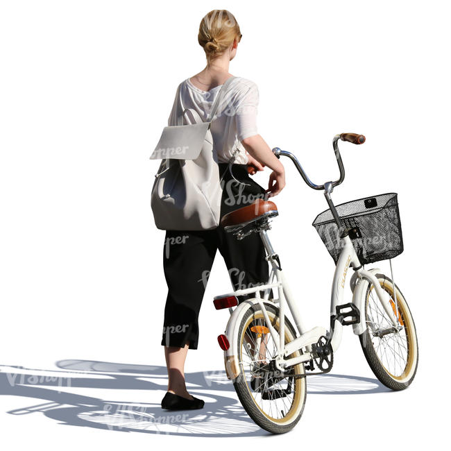 woman in summer clothing walking and pushing a bike