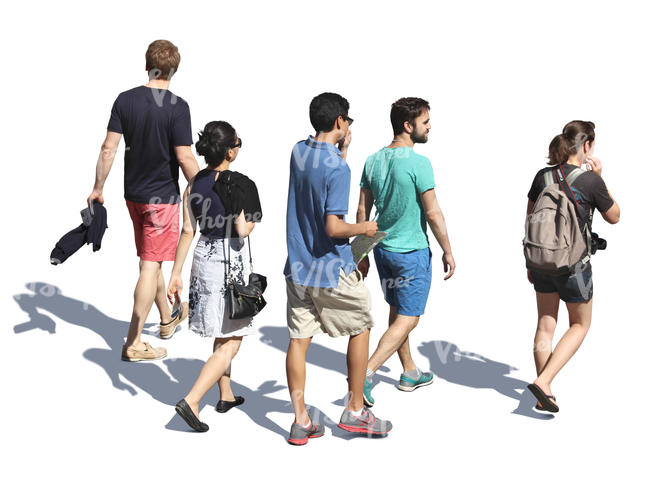 group of five young people walking seen from above