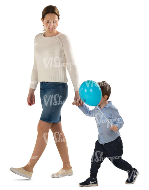 mother walking with his son who has a balloon