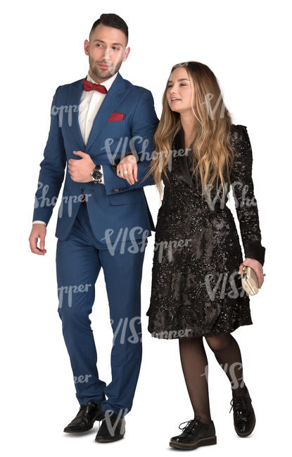 man and woman in formal clothes walking arm in arm