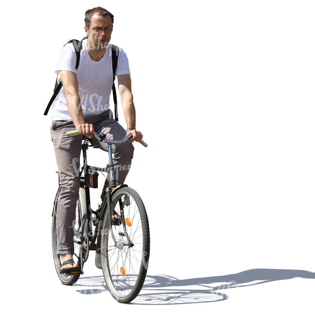 man with a backpack riding a bicycle