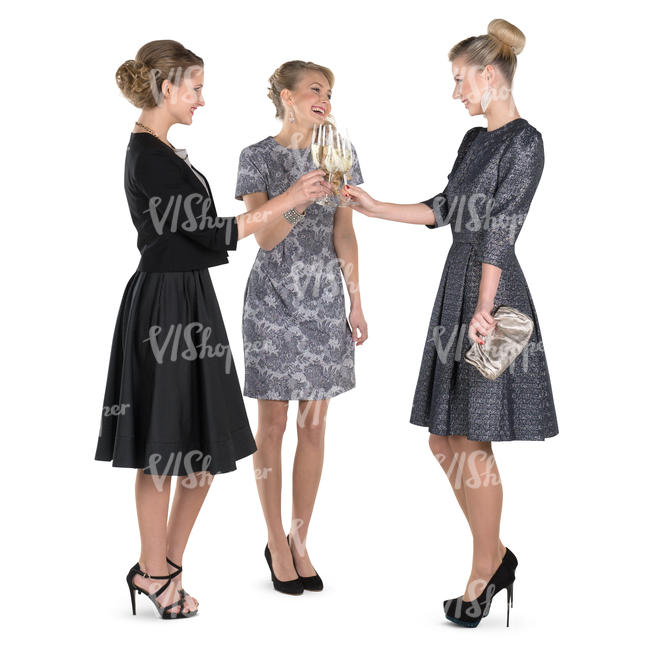 three women in fancy party dress drinking champagne