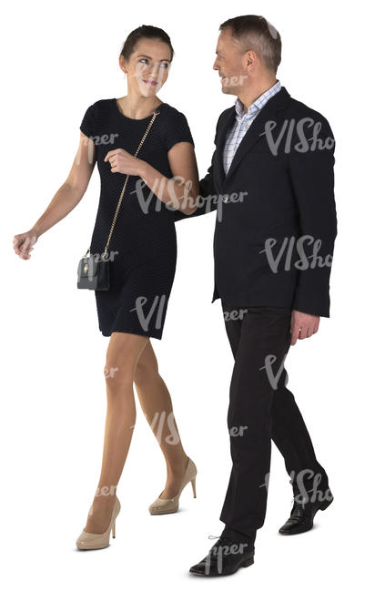 couple in formal outfit walking and talking