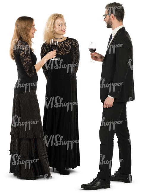 group of three people at a formal gathering standing and talking