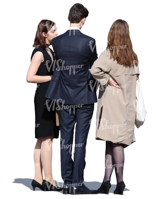 group of three people in formal clothing standing and talking