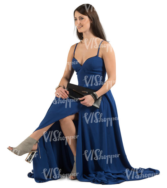 woman in a blue evening dress sitting