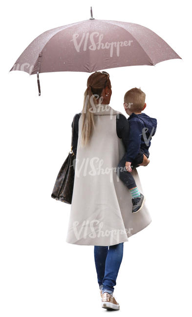 woman with an umbrella holding her son